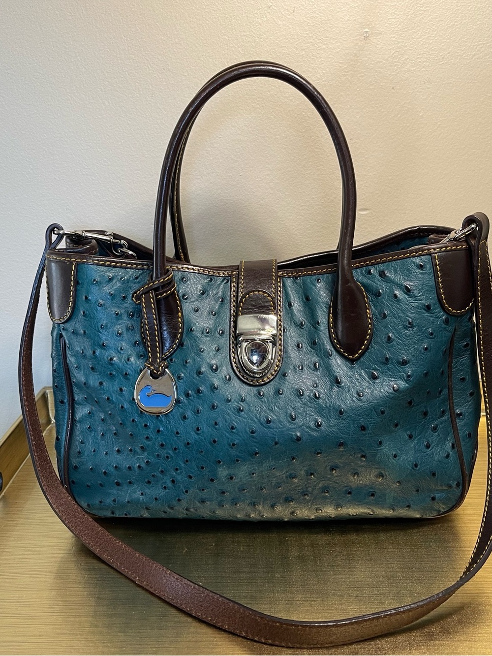 Teal Faux-Ostrich Leather Tote with Dark Brown Trim